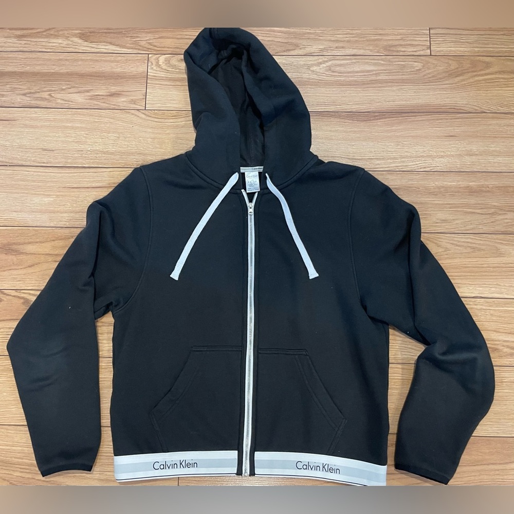 Calvin Klein Black Zip-Up Hoodie with White Trim women large pockets - Picture 6 of 10